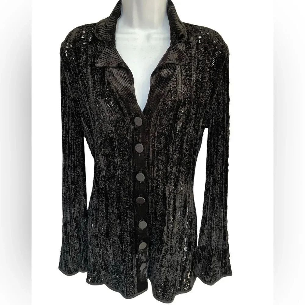 Giorgio Armani Mesh Velvet Black Button Cardigan Blazer Sweater Top 40 S/M Italy